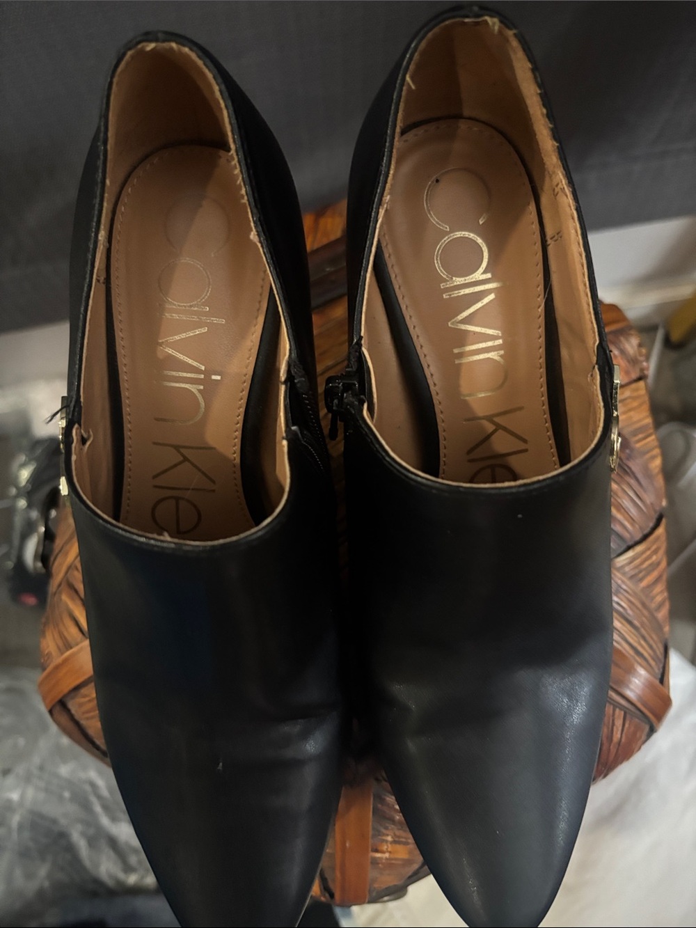 Calvin Klein Black Pointed zippered Mules with CK Side Buckle